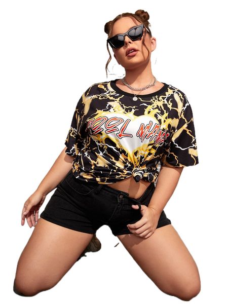 

plus 1pc letter graphic drop shoulder tee k3a7#, Black