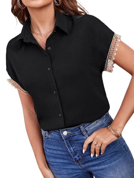 

guipure lace insert button front shirt 08zx#, White