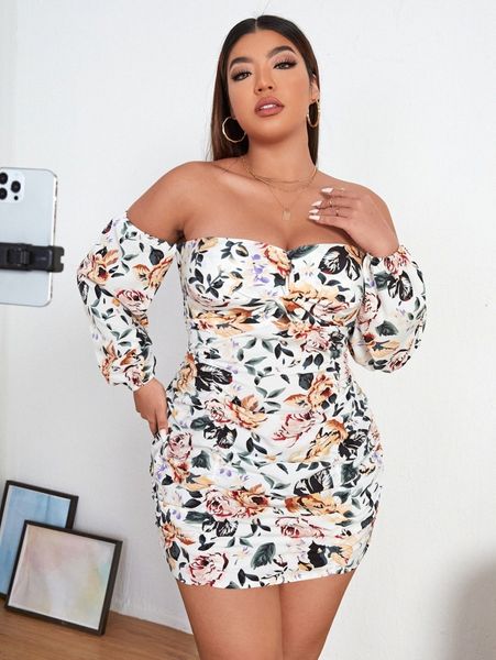 

plus floral print off shoulder ruched bodycon dress l2gh#, Black