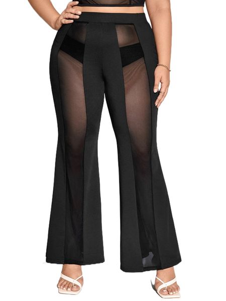 

plus contrast mesh flare leg pants without panty 092h#, Black