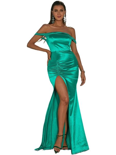 

missord off shoulder ruched split thigh satin dress p5cr#, Black;gray