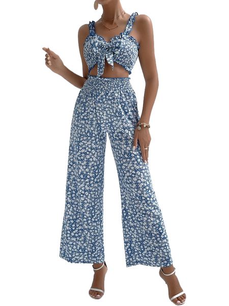 

ditsy floral shirred knot front crop cami & wide leg pants u6jh#, White
