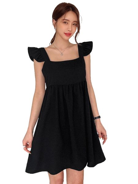

dazy solid ruffle trim smock dress 86nm#, Black;gray