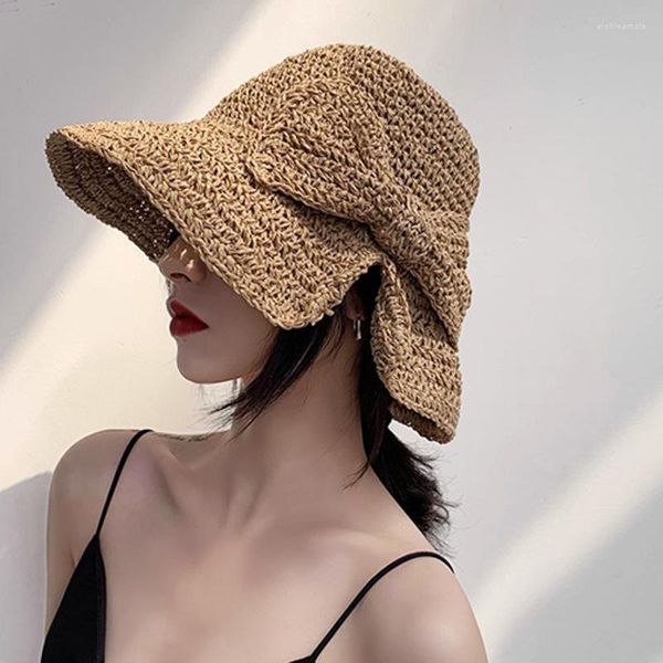 Chapéus largos de aba larga Raffia Sun Hat Summer Summer para mulheres praia Panamá Bowknot Straw Dome Bucket Cap Femme Shade Elob22