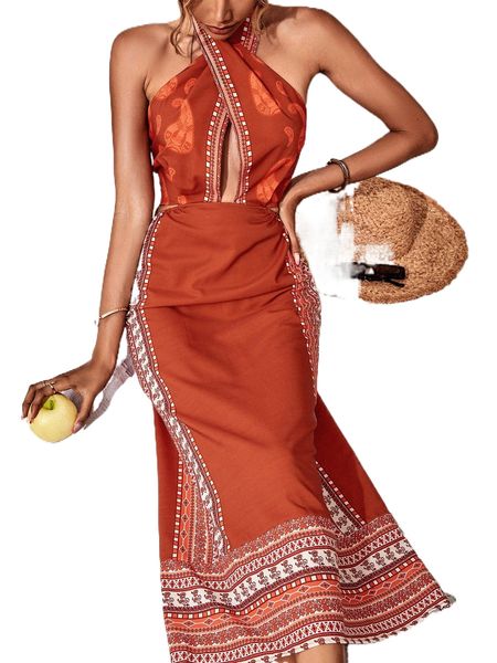 

geo print halter neck backless knot slit back dress d4us#, Black;gray