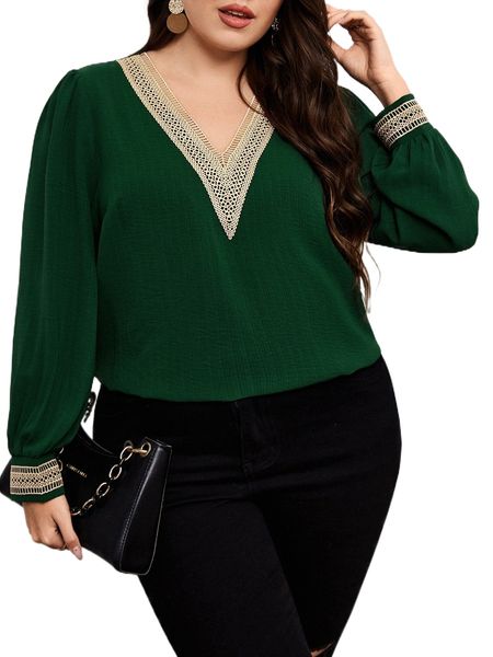 

plus guipure lace panel lantern sleeve blouse 67au#, Black