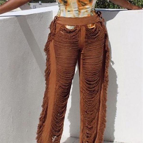 Странная киска кисточка шикарные женщины y2k брюки Попальные разорванные тенденции Прямой широко -широко -нога