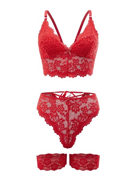 

floral lace scallop trim lingerie set with 1pair leg ring a3us#, Black;red