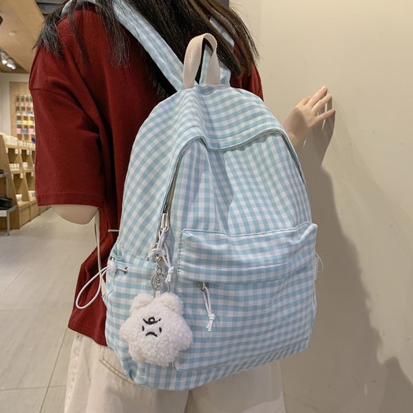 

preppy style panelled waterproof nylon women backpack schoolbag for teenage girls plaid travel bckpacks female lovely book bag 220817