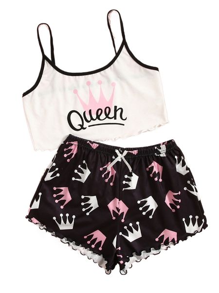 

letter graphic cami & lettuce trim shorts pj set n1su#, Black;red