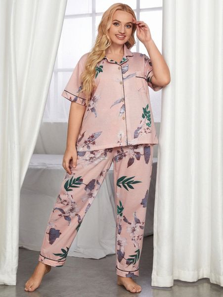 

plus floral print contrast piping pj set q5jc#, Black;white
