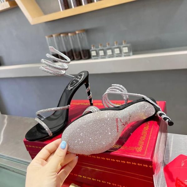 

rene caovilla cleo open toe sandals crystal wraparound strappy sandal black silver twining rhinestone shoes designer luxury women's wed