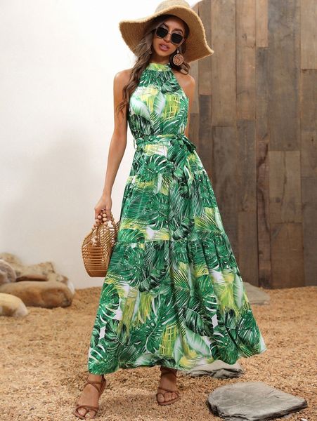 

tropical print belted halter dress j7ck#, Black;gray
