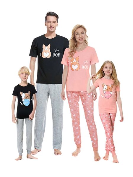 

slogan and dog print 1 tee & heart print 1 pants pajama set r7s2#, Black;red