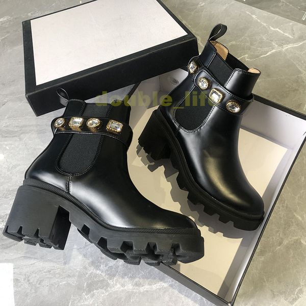 

2021 women designer ankle boots chunky heel desert boot flamingos 100% real leather lady winter fashion luxury classic bee womens work tooli, Black