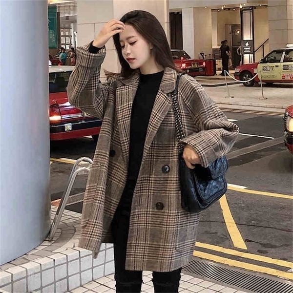 

women's plaid woolen coat autumn winter turn-down collar button large size overcoat warm long sleeve outwear female jackets 201222, Black