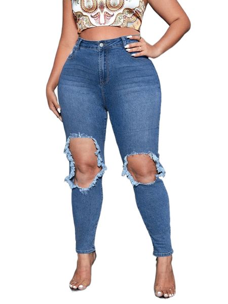 

plus frayed cut out skinny jeans h5pt#, Blue