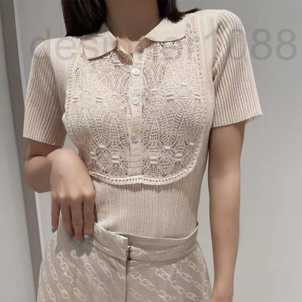 

women's sweaters designer carina lau's same knitted lace hollowed out short sleeve t-shirt women's polo collar 2022 summer ne, White;black