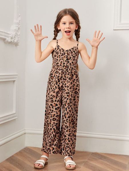 

toddler girls leopard print half button cami jumpsuit she, Blue
