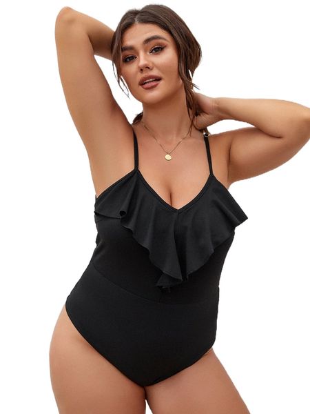 

plus solid ruffle trim cami bodysuit b5cj#, Black