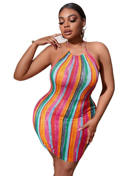 

sxy plus block striped backless halter neck dress 32au#, Black