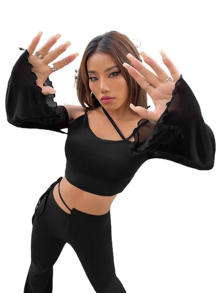 

asymmetric neck flounce sleeve crop tee 20wv#, White