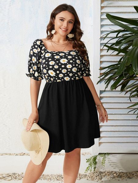

plus floral print puff sleeve dress 7811#, Black