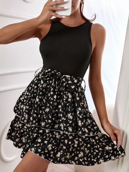 

floral print layered hem belted a-line dress h7mo#, Black;gray