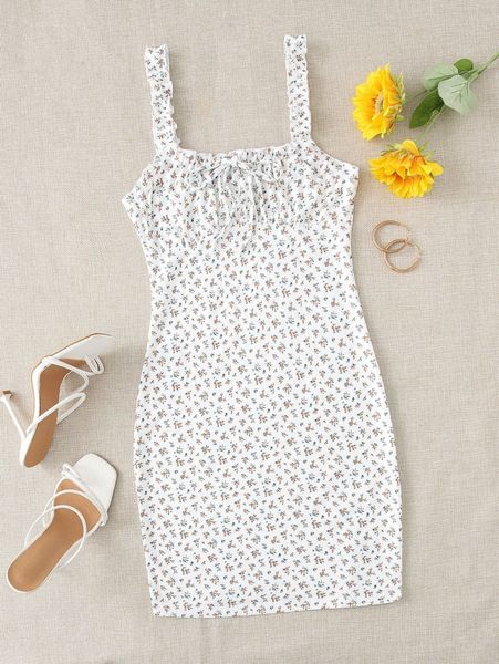 

frilled strap tie front ruched bust ditsy floral dress t3u6#, Black;gray