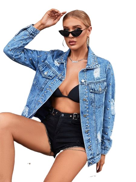 

studded detail ripped denim jacket f9zb#, Black;brown