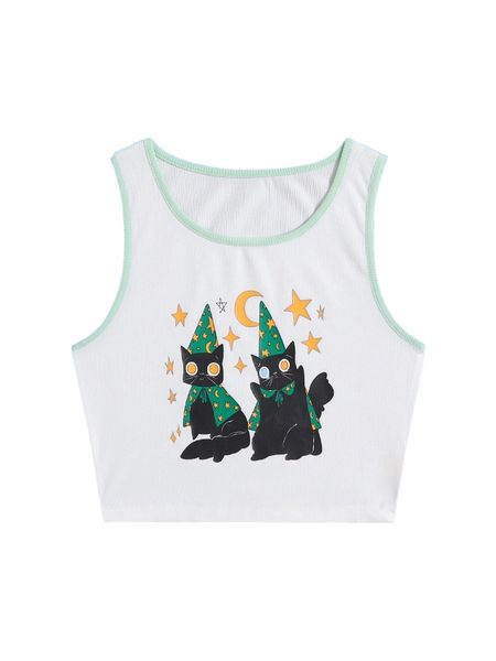 

romwe x libbyframe cats print ringer tank q80x#, White