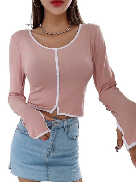 

dazy contrast binding thumb holes button up crop tee w0jq#, White