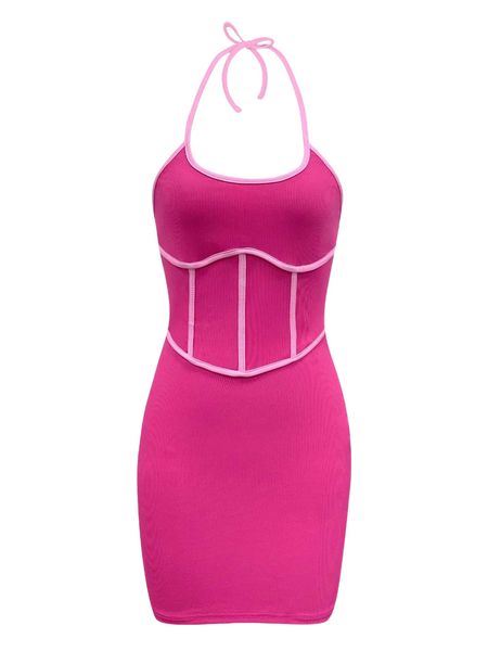 

contrast binding tie back halter bodycon dress 81jm#, Black;gray