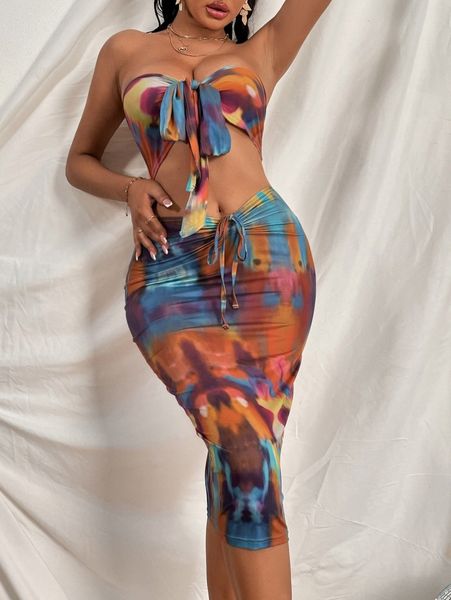 

sxy tie dye tie front cut out tube bodycon dress m8oe#, Black;gray