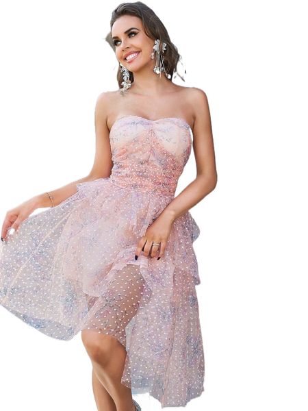 

floral print ruffle detail mesh tube dress p7oa#, Black;gray
