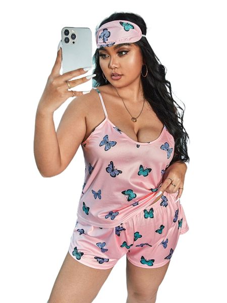 

plus satin butterfly print pajama set with eye cover x6xa#, Black;white