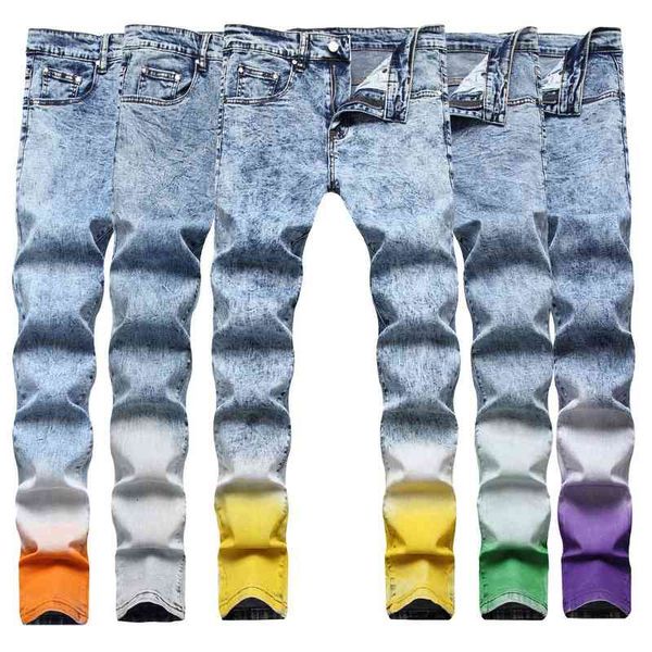 

men's jeans trendy man hip hop style fried snowflake wash a variety of color gradient candy slim small straight jeans rf6a, Blue