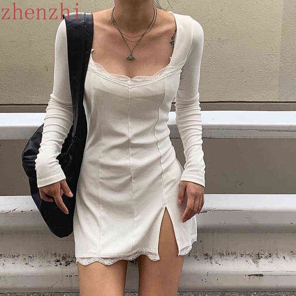 

2022 square neck lace patchwork bodycon black dress women elegant cotton fashion side split autumn dress mini ladies basic y220413, Black;gray