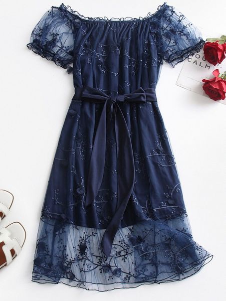 

plus floral embroidery frill trim belted dress x9pb#, Black