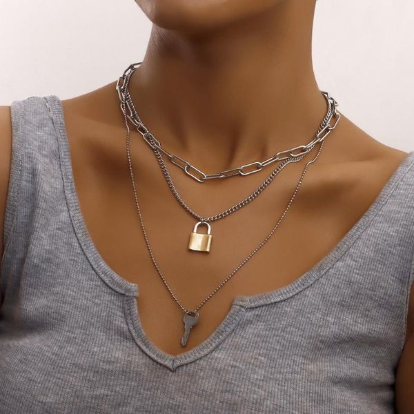 

pendant necklaces silver color lock key pendants for women clavicle chain layered necklace female 2022 fashion jewelry
