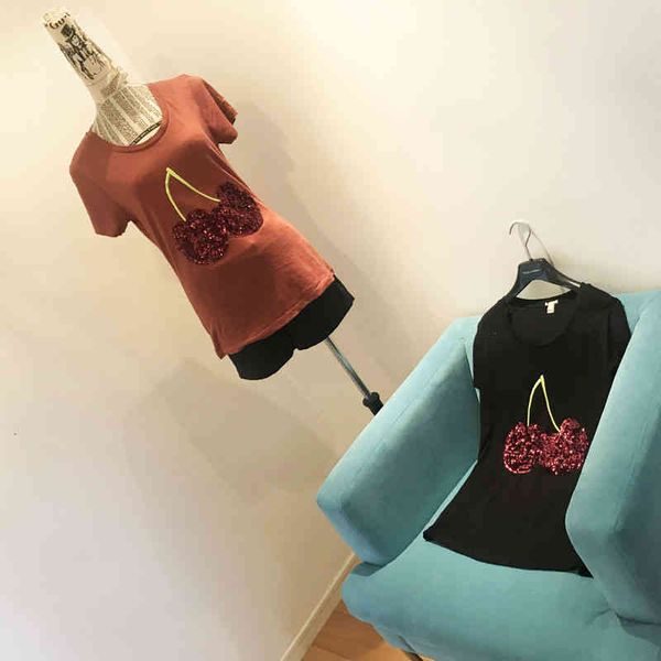 

women's t-shirt spring and summer french jcre linen t-shirt sequin cherry short sleeve tee 2 color, White