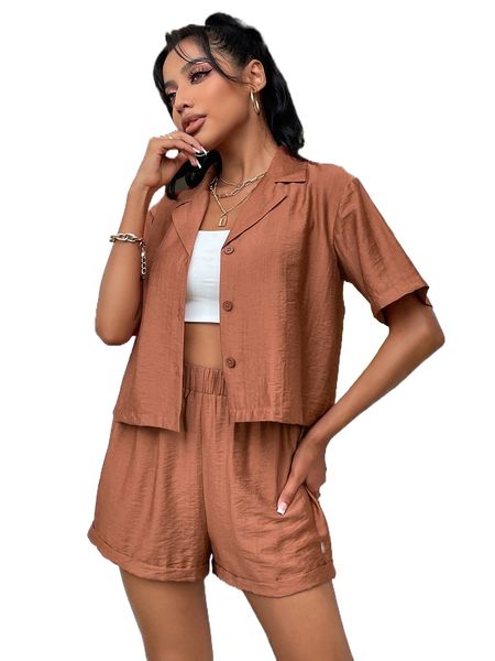 

lapel neck button through blouse & shorts t9dt#, White