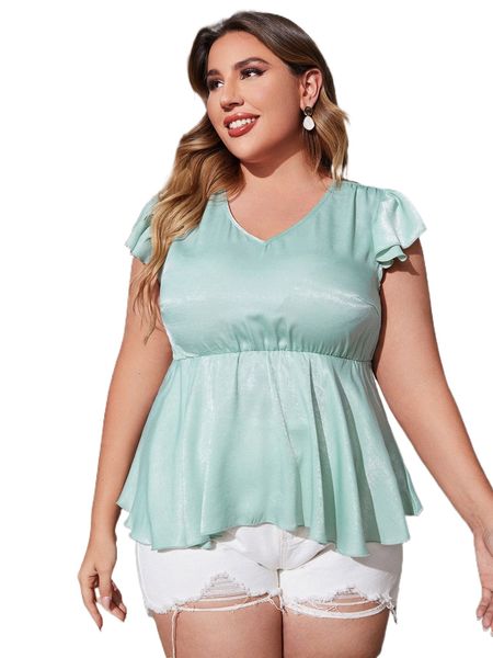 

plus ruched ruffle trim satin peplum blouse k9dz#, Black