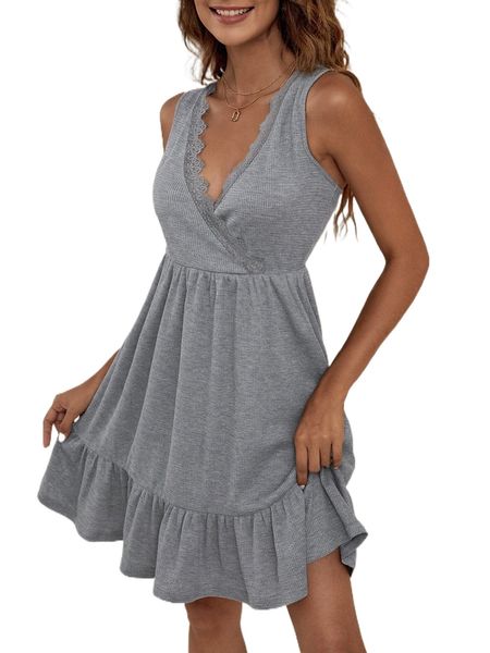 

contrast lace tie back ruffle hem dress k2ml#, Black;gray