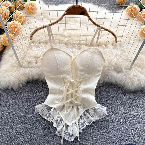 

women's tanks camis pure girls wear lace suspender vests outside women bandages inside and the design feels fashion of minority straple, White