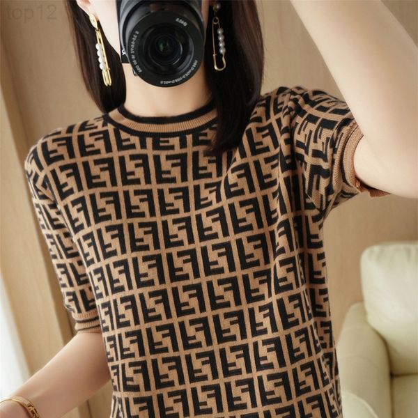 

designer 2022 spring and summer new double f letter jacquard cotton short sleeve women's round neck knitted t-shirt women large 2022, White