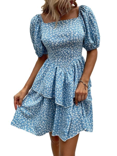 

ditsy floral square neck puff sleeve layered hem dress 50hm#, Black;gray