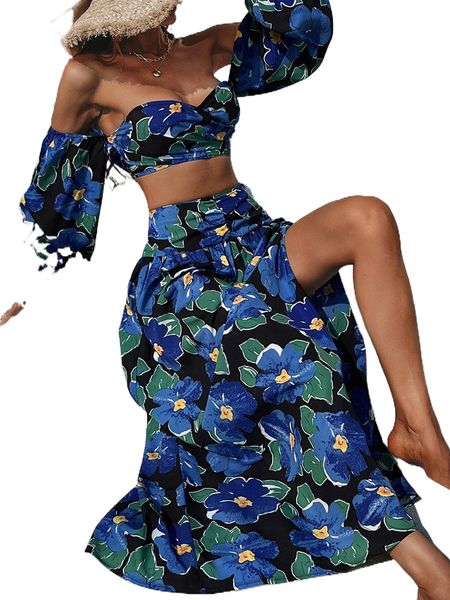 

floral print off shoulder crop & ruched split thigh skirt 29df#, White