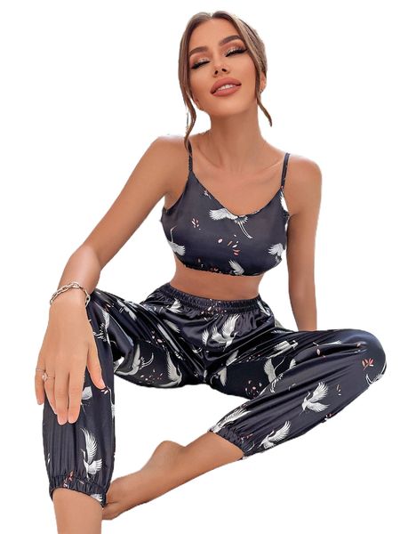 

nina bonheur crane print cami pj set 72fk#, Black;red