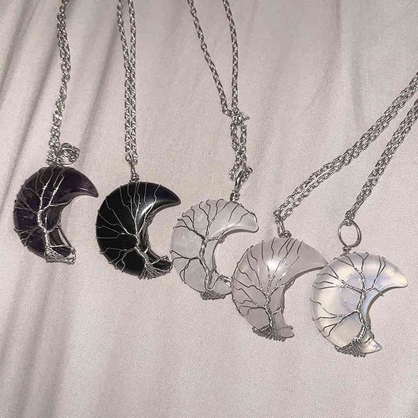 

tree of life wire wrapped crescent moon pendant necklace natural resin healing crystal stone reiki quartz gemstone spiritual jewelry, Golden;silver